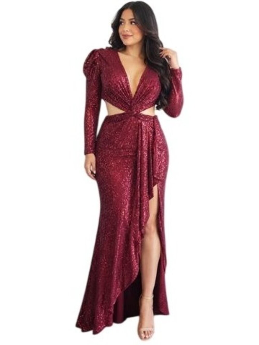 Ieena For Mac Duggal Burgundy dress Sequin Cutout Long Sleeve Gown Size 6